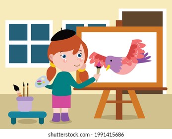 Child painting vector concept. Girl painting a flying bird on the canvas with paintbrush at home