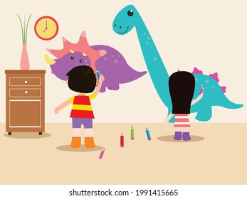 Child painting vector concept. Kids drawing dinosaurs on the wall with crayons at home
