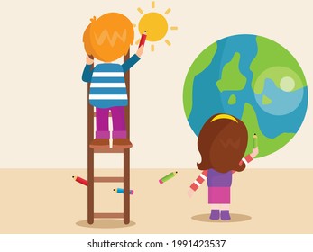 Child painting vector concept. Two children drawing earth planet and sun with crayons on the wall at home