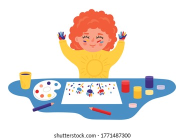 Child paints with finger paints. Little girl draws by hands. Children sensory, motor skills, creativity and imagination development playing concept. 