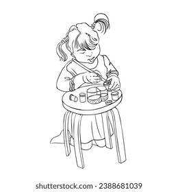 The child paints on paper at the table with a brush. Cute vector illustration
