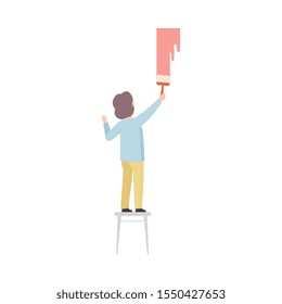 Child Paints The Wall With Roller Flat Vector Illustration