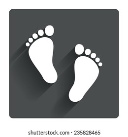 Child pair of footprint sign icon. Toddler barefoot symbol. Baby's first steps. Gray flat square button with shadow. Modern UI website navigation. Vector