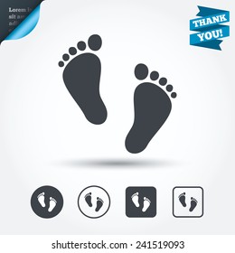 Child pair of footprint sign icon. Toddler barefoot symbol. Baby's first steps. Circle and square buttons. Flat design set. Thank you ribbon. Vector