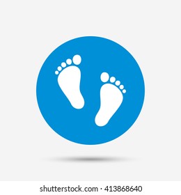 Child pair of footprint sign icon. Toddler barefoot symbol. Baby's first steps. Blue circle button with icon. Vector