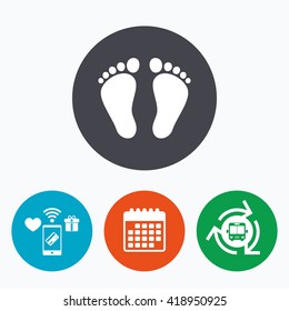 Child pair of footprint sign icon. Toddler barefoot symbol. Mobile payments, calendar and wifi icons. Bus shuttle.