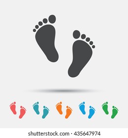 Child pair of footprint sign icon. Toddler barefoot symbol. Baby's first steps. Graphic element on white background. Colour clean flat child footprint icons. Vector