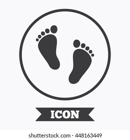 Child pair of footprint sign icon. Toddler barefoot symbol. Baby's first steps. Graphic design element. Flat symbol in circle button. Vector