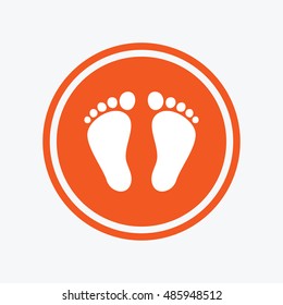 Child pair of footprint sign icon. Toddler barefoot symbol. Graphic design element. Flat footprint symbol on the round button. Vector
