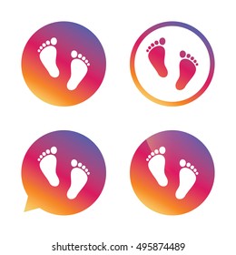 Child pair of footprint sign icon. Toddler barefoot symbol. Baby's first steps. Gradient buttons with flat icon. Speech bubble sign. Vector