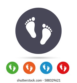 Child pair of footprint sign icon. Toddler barefoot symbol. Baby's first steps. Round colourful buttons with flat icons. Vector