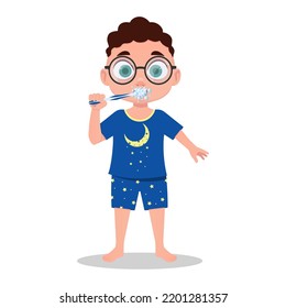 A child in pajamas brushes his teeth. Vector illustration