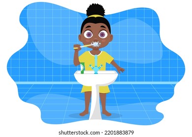 Child in pajamas brushing his teeth, in the bathroom, Vector illustration