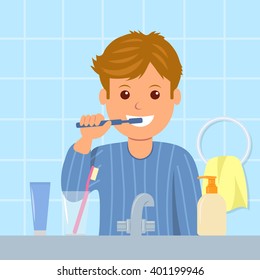 The child in pajamas brushing teeth before bedtime. Oral hygiene. Cartoon character of a man with toothbrush in his hand. Taking care of dental health.