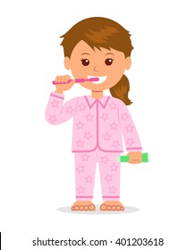 The child in pajamas brushing teeth before bedtime. Oral hygiene. Isolated cartoon character girl with a toothbrush and toothpaste in a hand. Taking care of dental health.