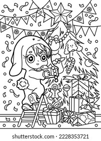 
A child in pajamas decorates a Christmas tree. Christmas and New Year. Coloring book for children. Black and white vector illustration.