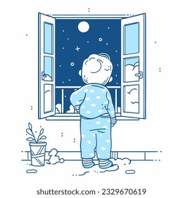A child in pajamas waiting by the window, eager for a first glimpse of Santa Claus on Christmas Eve.