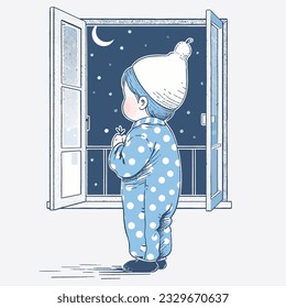 A child in pajamas waiting by the window, eager for a first glimpse of Santa Claus on Christmas Eve.