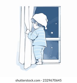 A child in pajamas waiting by the window, eager for a first glimpse of Santa Claus on Christmas Eve.