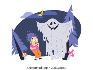 Child in panic afraid and scared of monsters and ghosts at night, flat cartoon vector illustration isolated on white background. Childhood fears and phobias problem.