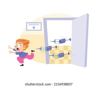 Child in panic runs out of the medical office, flat vector illustration isolated on white background. Frightened kid boy afraid of injections and doctors.
