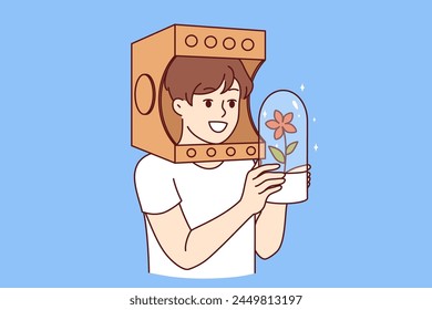 Child in paper astronaut helmet dreams of flying into space on shuttle, holding flask with plant in hands. Boy astronaut fantasizing about research mission to other planets to grow flowers