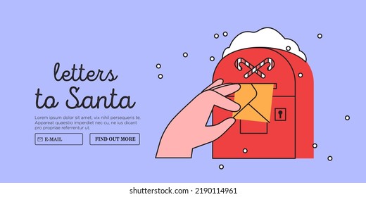 Child or parent hand hold or send mail to postbox. Character with envelope  wrote letter to Santa Claus.  Christmas or new year mail service and correspondence delivery vector illustration web banner.