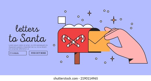 Child or parent hand hold or send mail to postbox. Character with envelope  wrote letter to Santa Claus.  Christmas or new year mail service and correspondence delivery vector illustration web banner.