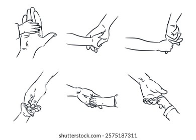 Child and parent hands hold each other, hand drawn line sketch collection vector icon illustration