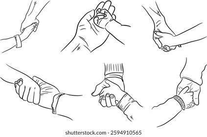 Child and parent hands hold each other hand drawn line sketch collection vector icon illustration