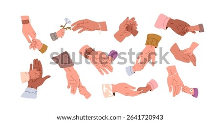Child and parent hands together, set. Mother and father palms, fingers touching, holding kid, baby, toddler with care, love, support, protection. Flat vector illustration isolated on white background
