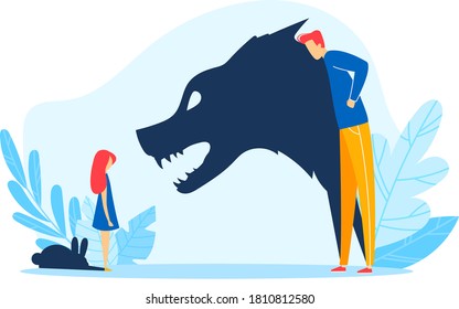 Child parent relationship, angry father shadow abuse young kid, vector illustration. Family problem, fight stress between sad girl daughter rabbit and father wolf at home. Domestic conflict.