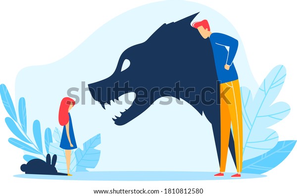 Child parent relationship, angry father shadow
abuse young kid, vector illustration. Family problem, fight stress
between sad girl daughter rabbit and father wolf at home. Domestic
conflict.
