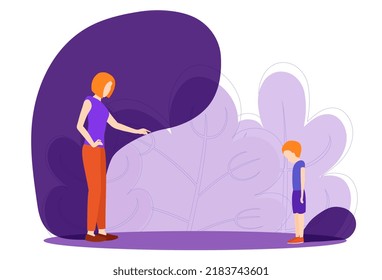 Child parent relationship, angry mother shadow abuse young son. Vector illustration. Family problem, struggle with stress, punishment between sad son and mother, with shadows reflecting the mood. Dome
