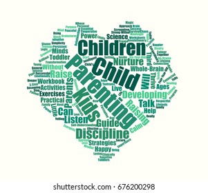 Child Parenting wordcloud vector illustration. Kids development and nurture tags. Heart symbol parental love concept.
