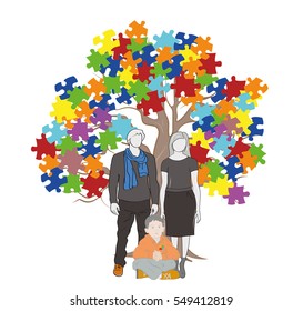the child with the parents sitting under a tree. Puzzle Pieces in autism awareness background color, 3D-rendering