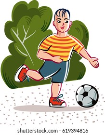 Child in a park runs happily, playing with his soccer ball.