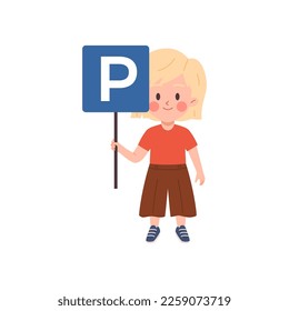 Child with parking road sign, flat vector illustration isolated on white background. Teaching kids how to be safe on the street and pedestrian traffic rules.