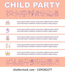 Child party mobile app screen. Kid's birthday celebration. Smartphone website template. Word concept web page banner with text and linear illustrations. Flyer, leaflet vector layout. Print design idea