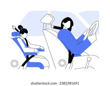 Child passenger safety abstract concept vector illustration. Mom drives automobile when child sits in car seat, public health medicine, reducing motor vehicle crash death abstract metaphor.