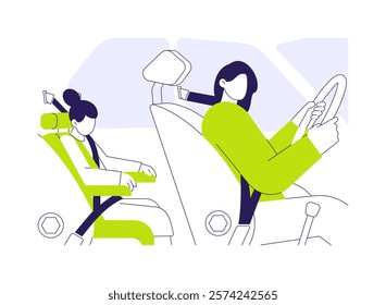 Child passenger safety abstract concept vector illustration. Mom drives automobile when child sits in car seat, public health medicine, reducing motor vehicle crash death abstract metaphor.