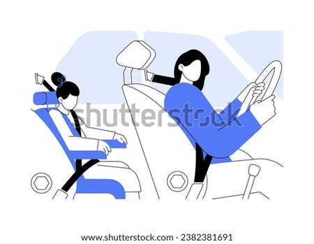 Child passenger safety abstract concept vector illustration. Mom drives automobile when child sits in car seat, public health medicine, reducing motor vehicle crash death abstract metaphor.