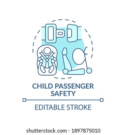 Child passenger safety turquoise concept icon. Toddler protection in car. Driving baby in auto. Child safety idea thin line illustration. Vector isolated outline RGB color drawing. Editable stroke