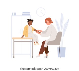 Child Patient At Doctor Appointment. Pediatrician Checking Kid's Health. African American Girl At Medical Examination At Pediatric Office. Flat Vector Illustration Isolated On White Background