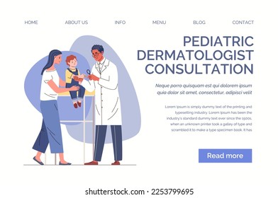 Paciente infantil en el consultorio médico. Un pediatra revisa la salud de un niño. Mamá y bebé consultan a un dermatólogo. Personajes vectores ilustración de caricatura plana. Plantilla web, página de inicio, sitio web.