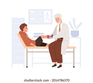 Child patient visiting doctor in hospital. Pediatrician examining kid with leg trauma. Boy in physician's medical office in clinic. Colored flat vector illustration isolated on white background