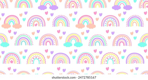 Child pattern with rainbow. Rainbows and hearts cute seamless pattern on white background. Cute hand drawn pattern. Good for nursery, covers, banners, wallpapers, cards, wrapping papers, prints