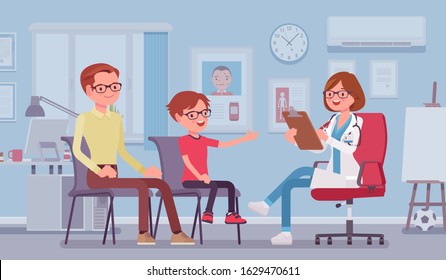 Child Pediatric Check Up Procedure, Female Doctor. Family Visiting Medical Practitioner In Clinic Office, Adolescent Medicine Specialist Exam, Health Care Of Infant, Children, Kid. Vector Illustration