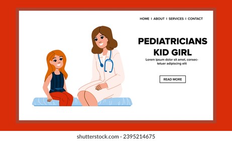 child pediatricians kid girl vector. pediatrician hospital, patient health, medical happy child pediatricians kid girl web flat cartoon illustration