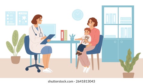 Child in pediatrics office. Mom and son at doctor appointment, medical kids check up, clinic consultation, examining, children healthcare, specialist treatment garish vector cartoon concept